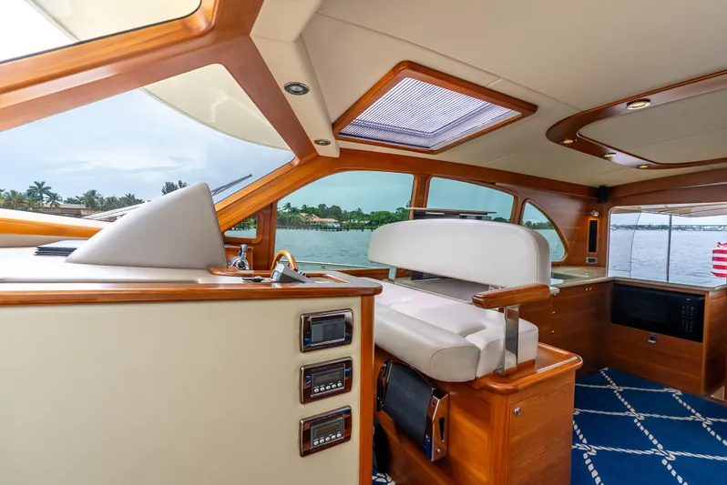 Zephyr Yacht Photos Pics Luxurious interior of 2018 Palm Beach Motor Yachts PB55, featuring elegant wood finishes and scenic views.