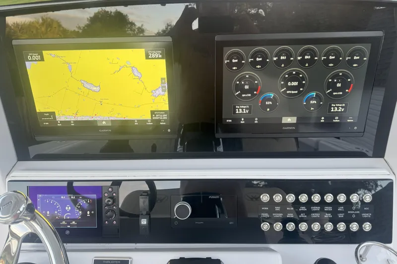  Yacht Photos Pics Dashboard of 2023 Southport 30 FE boat with Garmin navigation and control systems.