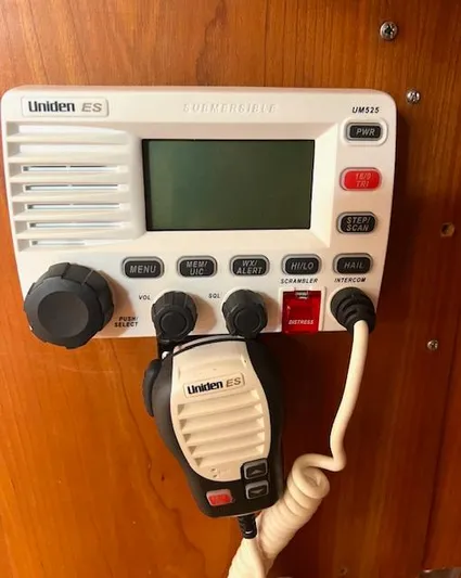 Force 10 Yacht Photos Pics Uniden ES marine radio on Tartan 3400, 2008 model, mounted on wooden panel.