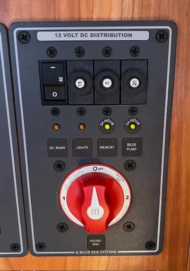 Force 10 Yacht Photos Pics 12 volt DC distribution panel on 2008 Tartan 3400 boat, featuring Blue Sea Systems components.