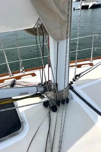 Force 10 Yacht Photos Pics Sailboat deck with rigging, Tartan 3400, 2008 model, on calm water.