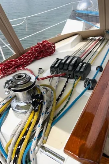 Force 10 Yacht Photos Pics Sailboat deck with winch and colorful ropes, Tartan 3400, 2008 model.
