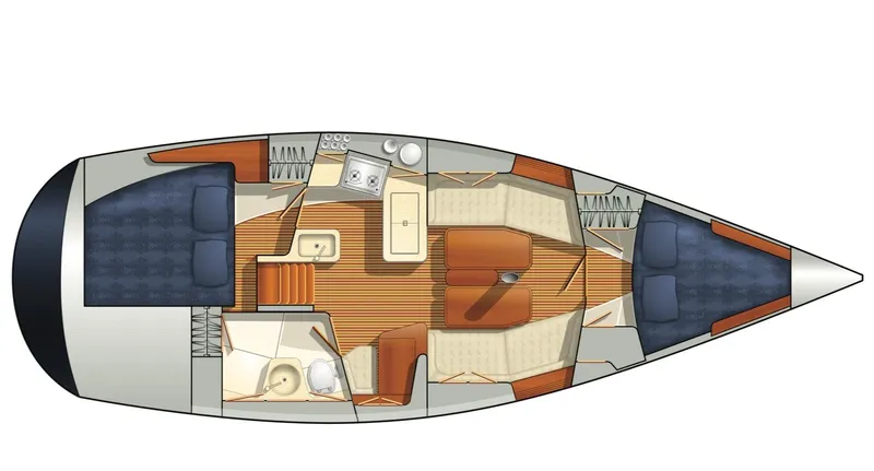 Force 10 Yacht Photos Pics Interior layout of 2008 Tartan 3400 sailboat, featuring cabins, galley, and seating area.