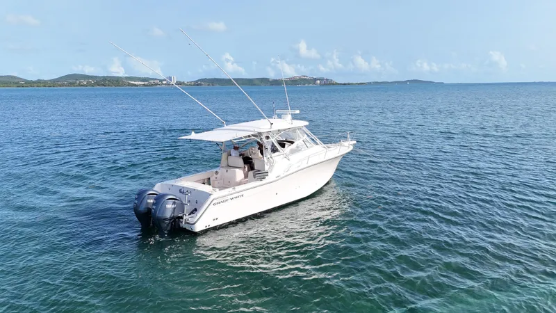  Yacht Photos Pics 2006 Grady-White Express 330 boat on calm ocean waters under clear blue sky.