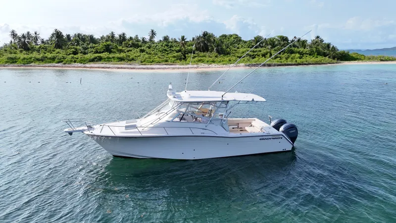  Yacht Photos Pics 2006 Grady-White Express 330 boat on calm water near a lush island.