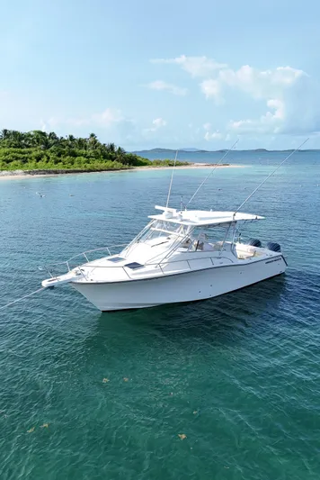  Yacht Photos Pics 2006 Grady-White Express 330 boat on clear blue water near a lush island.