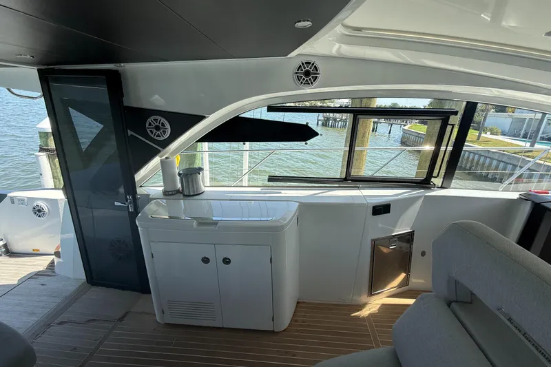  Yacht Photos Pics Interior of 2023 Beneteau Gran Turismo 45 yacht, featuring sleek design and waterfront view.