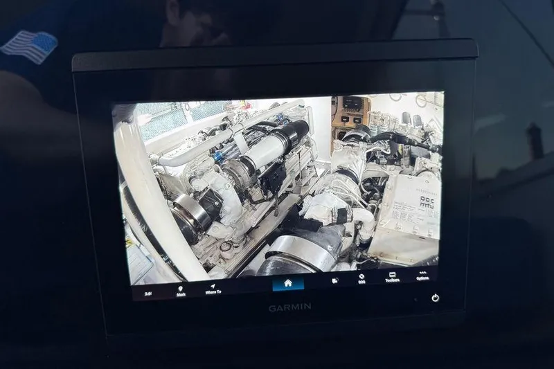 Miss Maggie Yacht Photos Pics Garmin display showing engine room of 2002 Viking 61 Enclosed Bridge yacht.