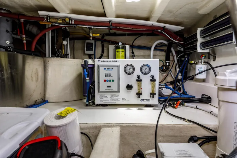 Tumbleweed Yacht Photos Pics Engine room of 2016 North Pacific 49 Pilothouse with Aquamiser watermaker system.