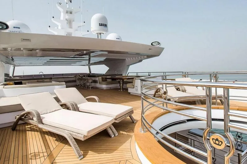 Sehamia Yacht Photos Pics Luxurious deck of 2018 Gulf Craft Majesty 155 yacht with sun loungers and modern amenities.