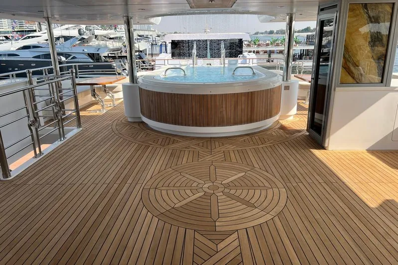 Sehamia Yacht Photos Pics Luxurious deck of 2018 Gulf Craft Majesty 155 yacht with jacuzzi and elegant wood flooring.