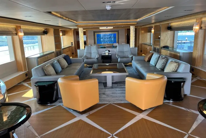 Sehamia Yacht Photos Pics Luxurious interior of 2018 Gulf Craft Majesty 155 yacht with elegant seating and modern decor.