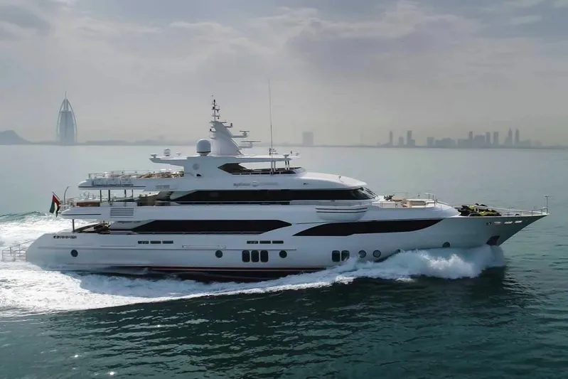 Sehamia Yacht Photos Pics Luxury yacht Gulf Craft Majesty 155 cruising on the ocean, 2018 model.