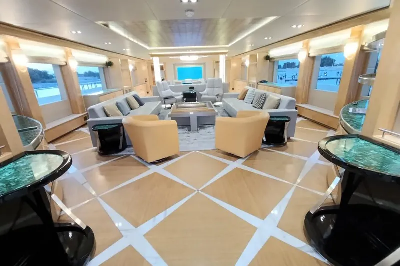 Sehamia Yacht Photos Pics Luxurious interior of 2018 Gulf Craft Majesty 155 yacht, featuring elegant seating and modern design.