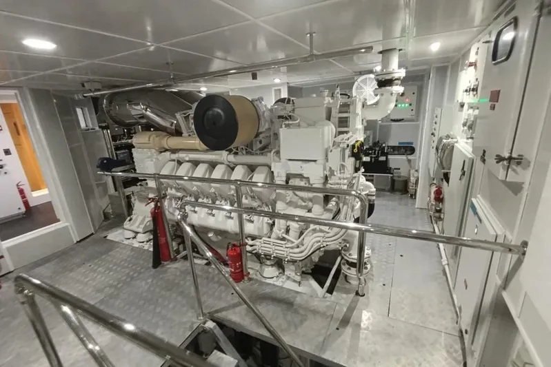 Sehamia Yacht Photos Pics Engine room of 2018 Gulf Craft Majesty 155 yacht, featuring advanced machinery and equipment.