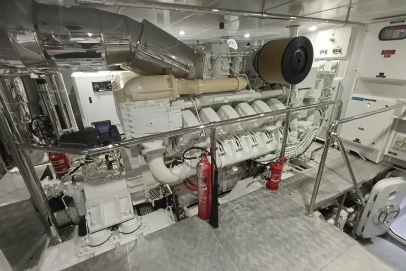 Sehamia Yacht Photos Pics Engine room of 2018 Gulf Craft Majesty 155 yacht, featuring advanced machinery and safety equipment.