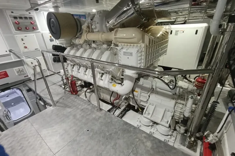 Sehamia Yacht Photos Pics Engine room of 2018 Gulf Craft Majesty 155 yacht, featuring advanced machinery and controls.