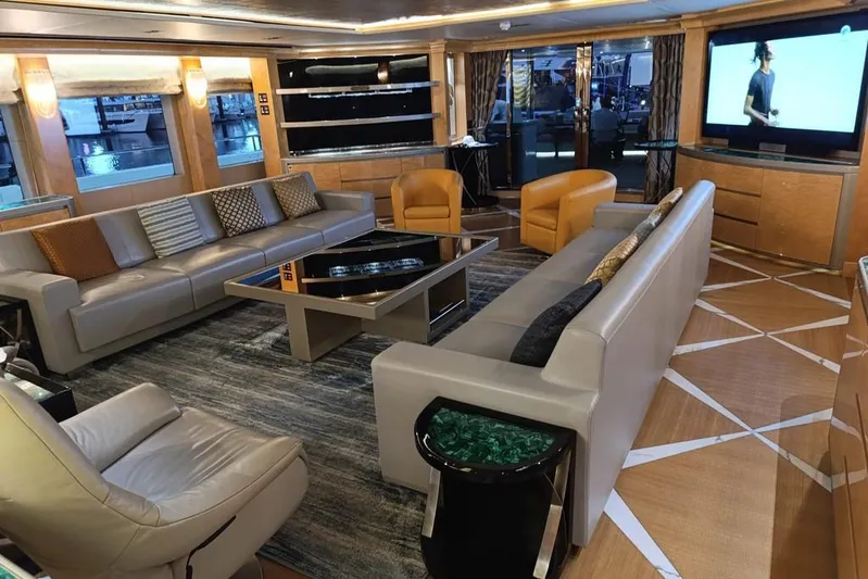Sehamia Yacht Photos Pics Luxurious interior of 2018 Gulf Craft Majesty 155 yacht with elegant seating and modern decor.
