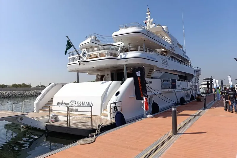 Sehamia Yacht Photos Pics Luxury yacht Gulf Craft Majesty 155, 2018 model, docked at a marina under clear skies.