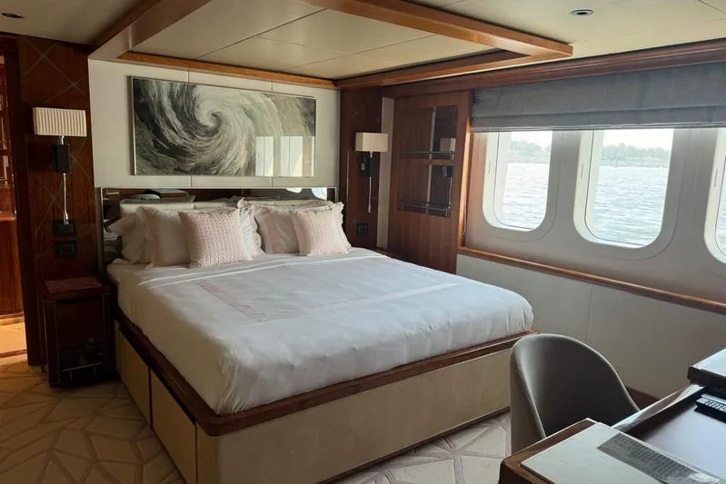 Sehamia Yacht Photos Pics Luxurious bedroom interior on 2018 Gulf Craft Majesty 155 yacht with ocean view.