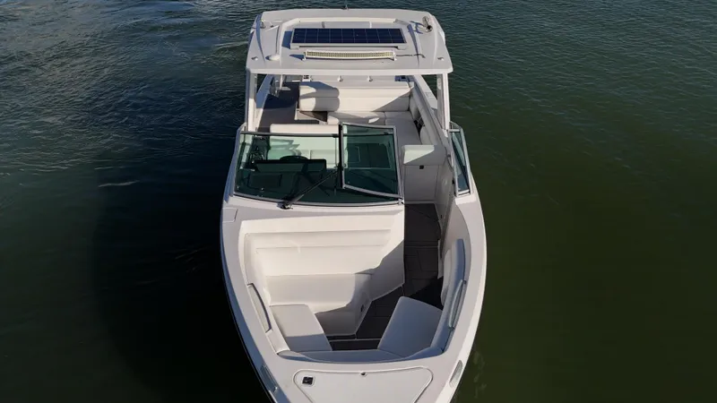  Yacht Photos Pics 2021 Aviara AV32 OB boat on water, aerial view, sleek design, spacious seating.