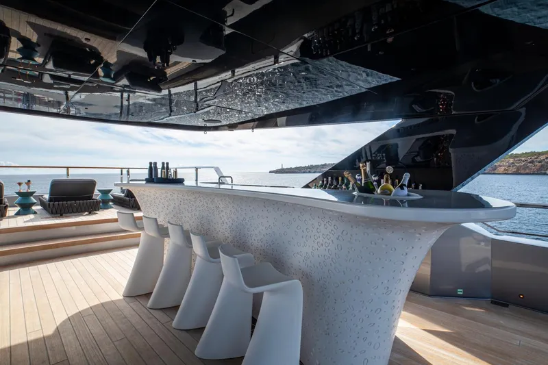 Pandion Pearl Yacht Photos Pics Luxurious Sanlorenzo 44 Alloy yacht bar area with modern seating, ocean view, 2021 model.