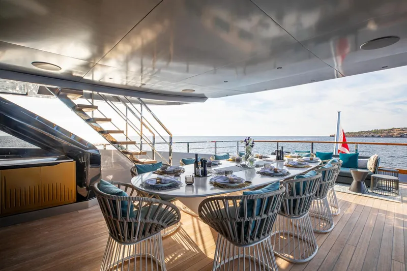 Pandion Pearl Yacht Photos Pics Luxurious dining area on 2021 Sanlorenzo 44 Alloy yacht with ocean view.