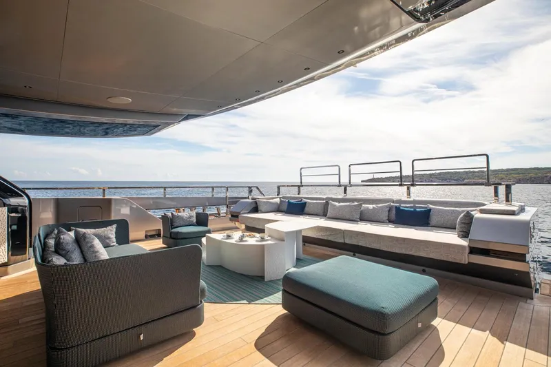 Pandion Pearl Yacht Photos Pics Luxurious Sanlorenzo 44 Alloy yacht deck with elegant seating, ocean view, 2021 model.