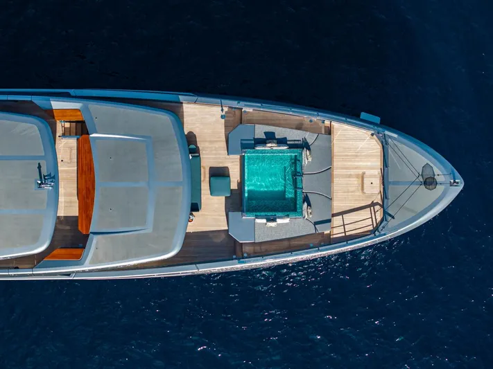 Pandion Pearl Yacht Photos Pics Aerial view of 2021 Sanlorenzo 44 Alloy yacht with deck pool.
