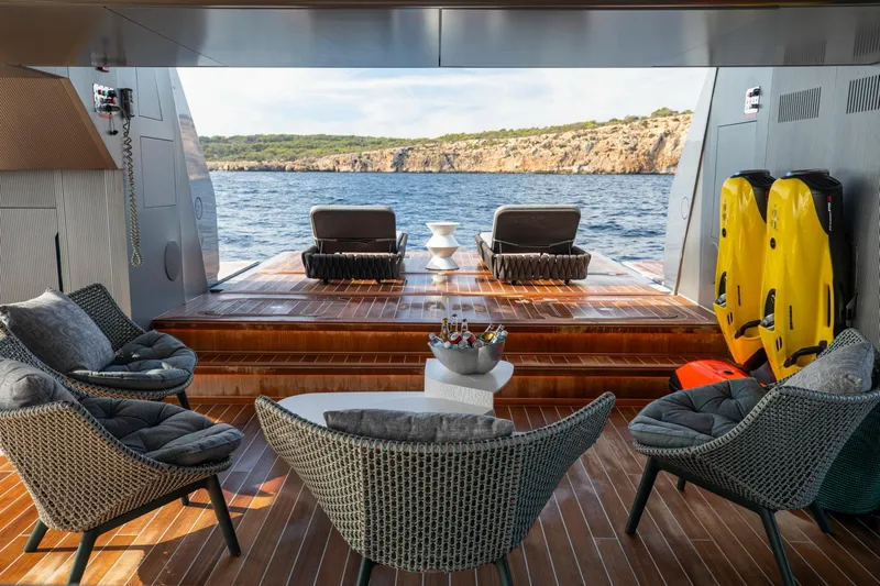 Pandion Pearl Yacht Photos Pics Luxurious Sanlorenzo 44 Alloy yacht deck with elegant seating, ocean view, and modern design, 2021 model.