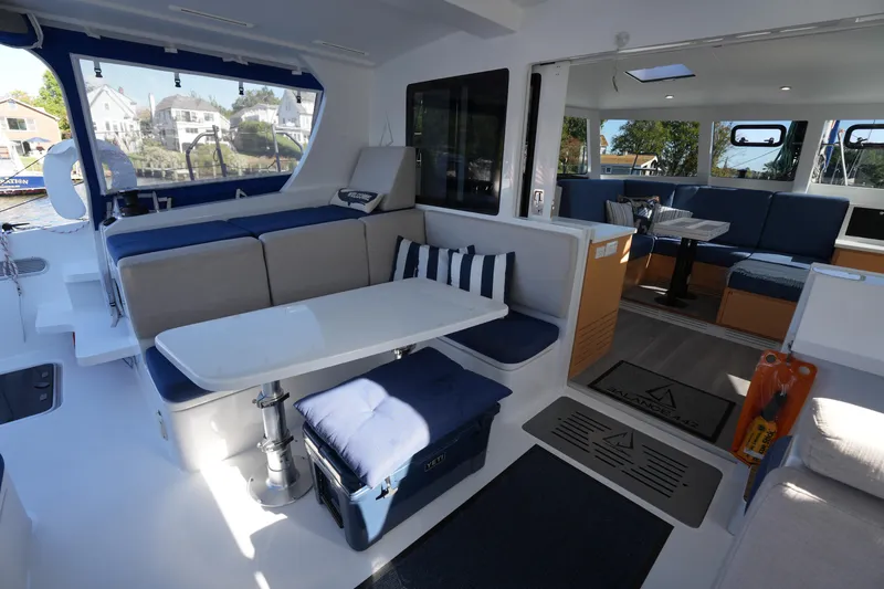 Talise Yacht Photos Pics Luxurious interior of 2024 Balance 442 catamaran with spacious seating and modern design.