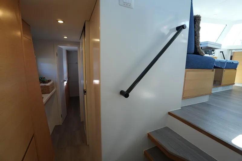 Talise Yacht Photos Pics Interior of 2024 Balance 442 yacht, featuring modern design and cozy seating area.