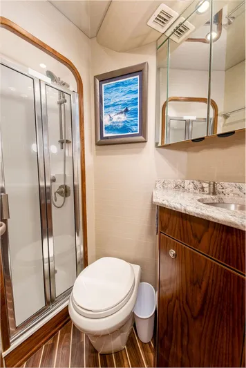 Sea I Sea Yacht Photos Pics 2017 Viking 72 Convertible yacht bathroom with shower, toilet, and mirrored cabinet.