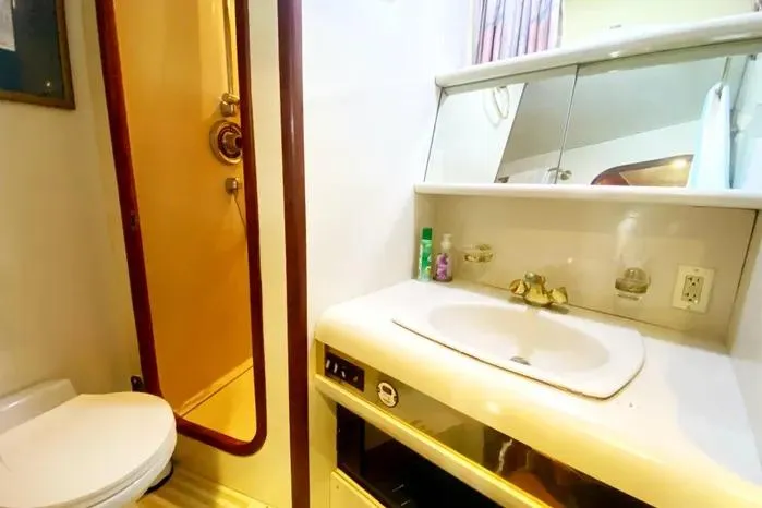 Sea Sharp Yacht Photos Pics Bathroom interior of 1990 Viking Motor Yacht with sink, mirror, and shower.
