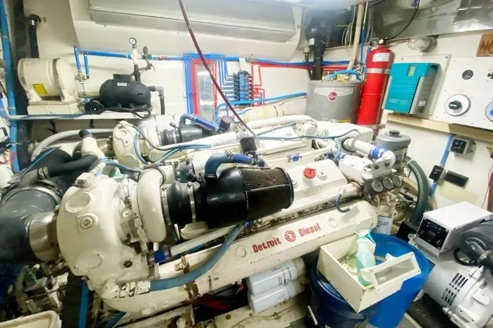 Sea Sharp Yacht Photos Pics Engine room of a 1990 Viking Motor Yacht with Detroit Diesel engine.