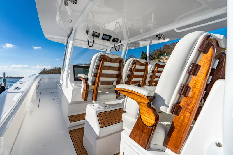  Yacht Photos Pics Luxurious interior of 2025 Front Runner 43 Catamaran with elegant seating and modern controls.