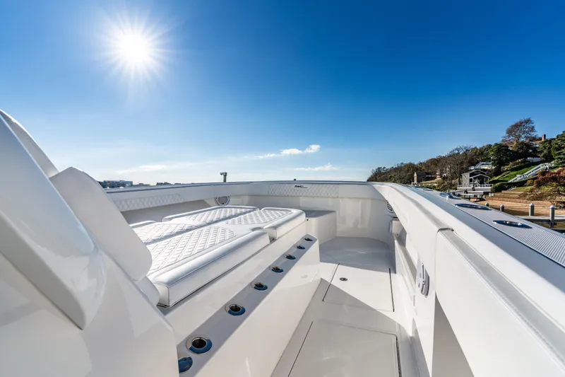  Yacht Photos Pics Luxurious 2025 Front Runner 43 Catamaran deck under clear blue sky and bright sun.