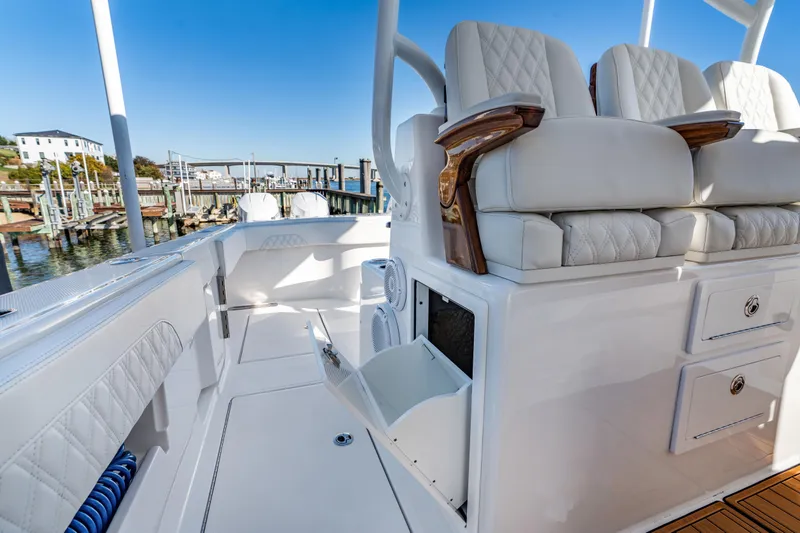  Yacht Photos Pics Luxurious seating on 2025 Front Runner 43 Catamaran, docked at marina.