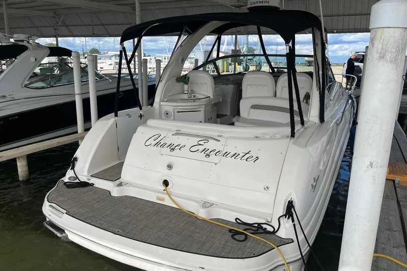 Chance Encounter Yacht Photos Pics 2004 Sea Ray 340 Sundancer docked, featuring "Chance Encounter" on the stern.