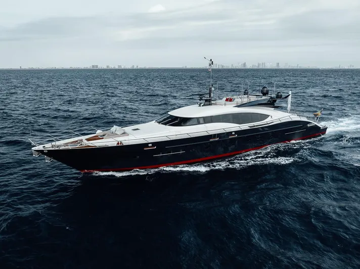 Burn Rate Yacht Photos Pics Luxury 2006 Palmer Johnson Express yacht cruising on open sea.