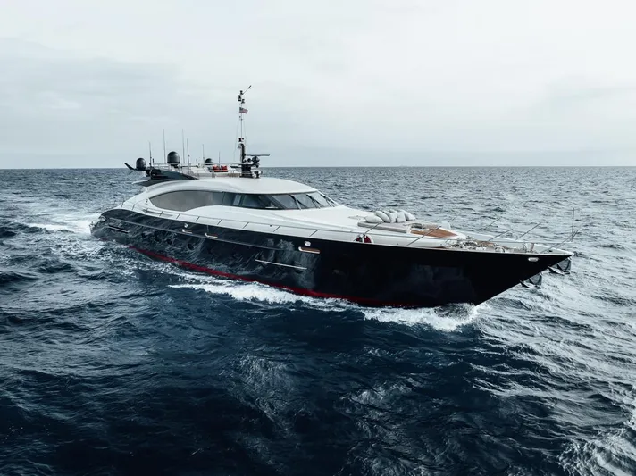 Burn Rate Yacht Photos Pics Luxury 2006 Palmer Johnson Express yacht cruising on open sea.