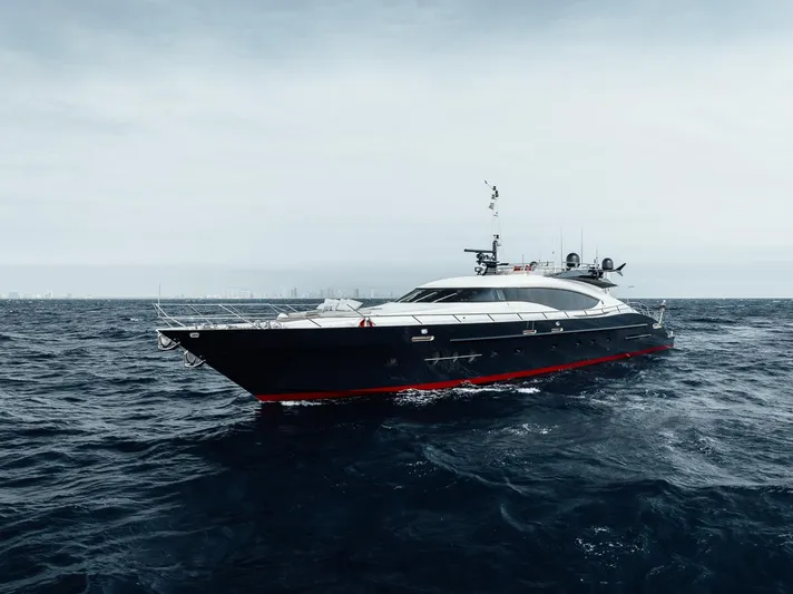 Burn Rate Yacht Photos Pics Palmer Johnson Express 2006 yacht cruising on open sea under cloudy sky.