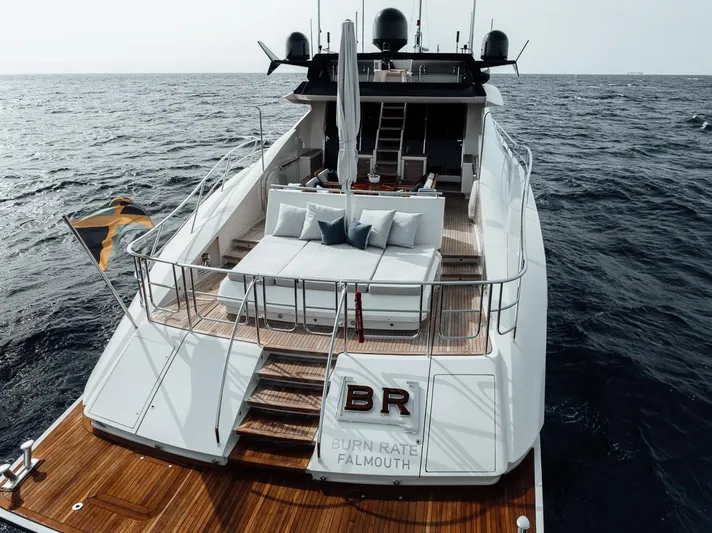 Burn Rate Yacht Photos Pics Luxury 2006 Palmer Johnson Express yacht on open sea, featuring spacious deck and elegant design.