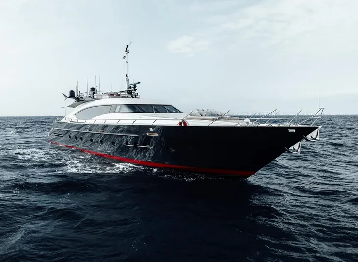 Burn Rate Yacht Photos Pics Luxury 2006 Palmer Johnson Express yacht cruising on open sea.