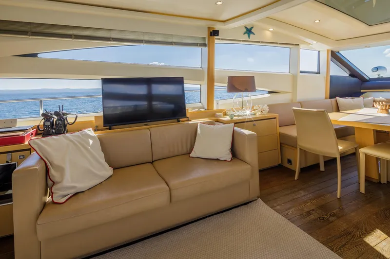 Black Sugar Yacht Photos Pics Luxurious interior of 2010 Princess V78 yacht with elegant seating and ocean view.