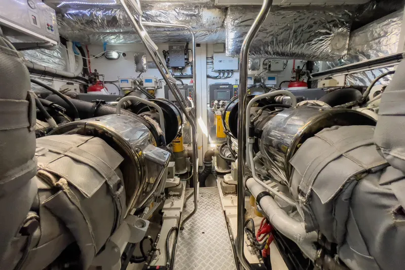 Black Sugar Yacht Photos Pics Engine room of 2010 Princess V78 yacht, featuring advanced machinery and equipment.