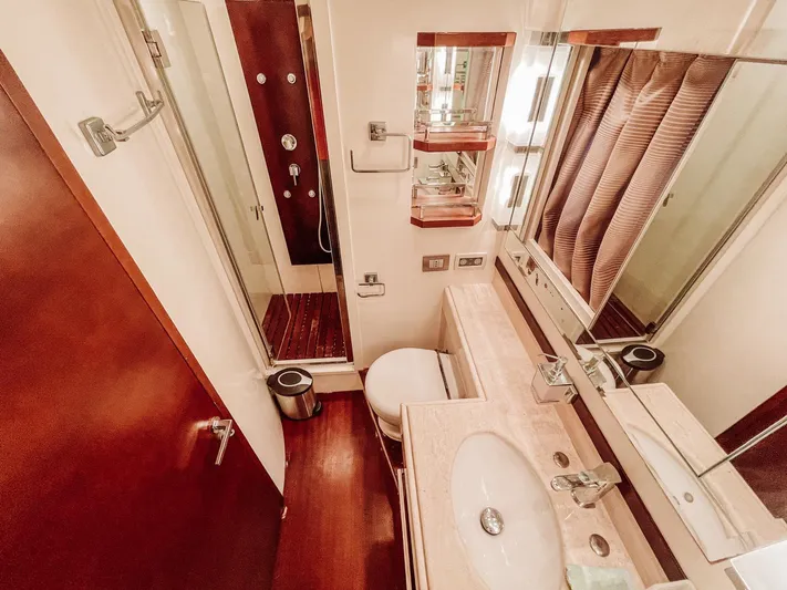  Yacht Photos Pics Luxurious bathroom interior on a 2009 Azimut 75 yacht, featuring modern fixtures and elegant design.