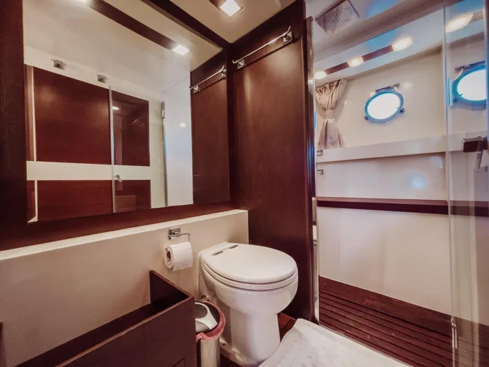  Yacht Photos Pics Luxurious bathroom interior on a 2009 Azimut 75 yacht, featuring modern fixtures and elegant design.