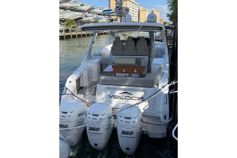 Veloce Yacht Photos Pics 2017 Azimut Verve 40 yacht docked, featuring triple 350 horsepower engines.