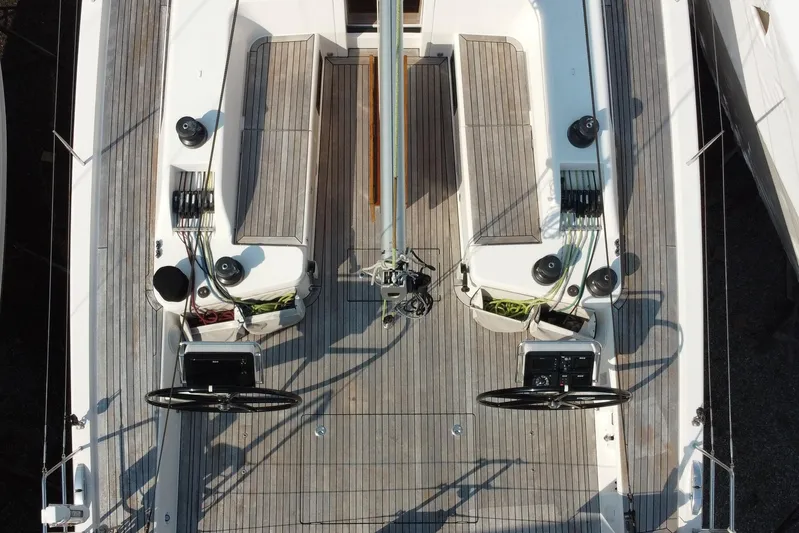 Abide Yacht Photos Pics Overhead view of 2018 X-Yachts X4.9 sailboat deck with dual steering wheels.
